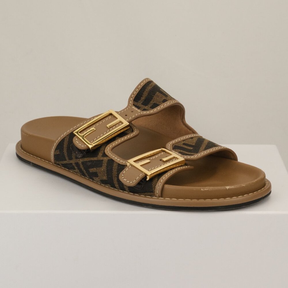 Fendi Feel FF Fabric Sandals, Tobacco Nero, EU 40/US 10